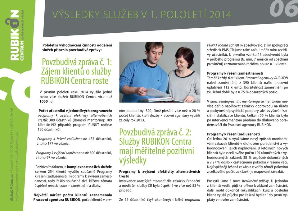 Počet účastníků v jednotlivých programech: Programy k zvýšení efektivity alternativních trestů: 309 účastníků (Romský mentoring: 189 klientů/192 případů; program PUNKT rodina: 120 účastníků).