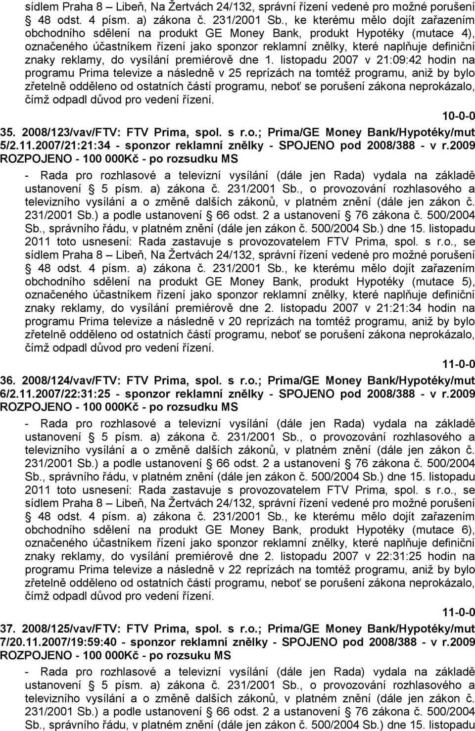 neprokázalo, čímţ odpadl důvod pro vedení řízení. 10-0-0 35. 2008/123/vav/FTV: FTV Prima, spol. s r.o.; Prima/GE Money Bank/Hypotéky/mut 5/2.11.