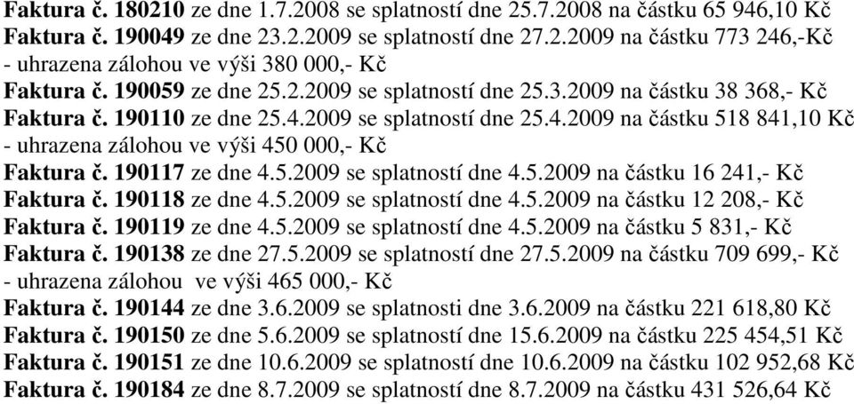 190117 ze dne 4.5.2009 se splatností dne 4.5.2009 na částku 16 241,- Kč Faktura č. 190118 ze dne 4.5.2009 se splatností dne 4.5.2009 na částku 12 208,- Kč Faktura č. 190119 ze dne 4.5.2009 se splatností dne 4.5.2009 na částku 5 831,- Kč Faktura č.