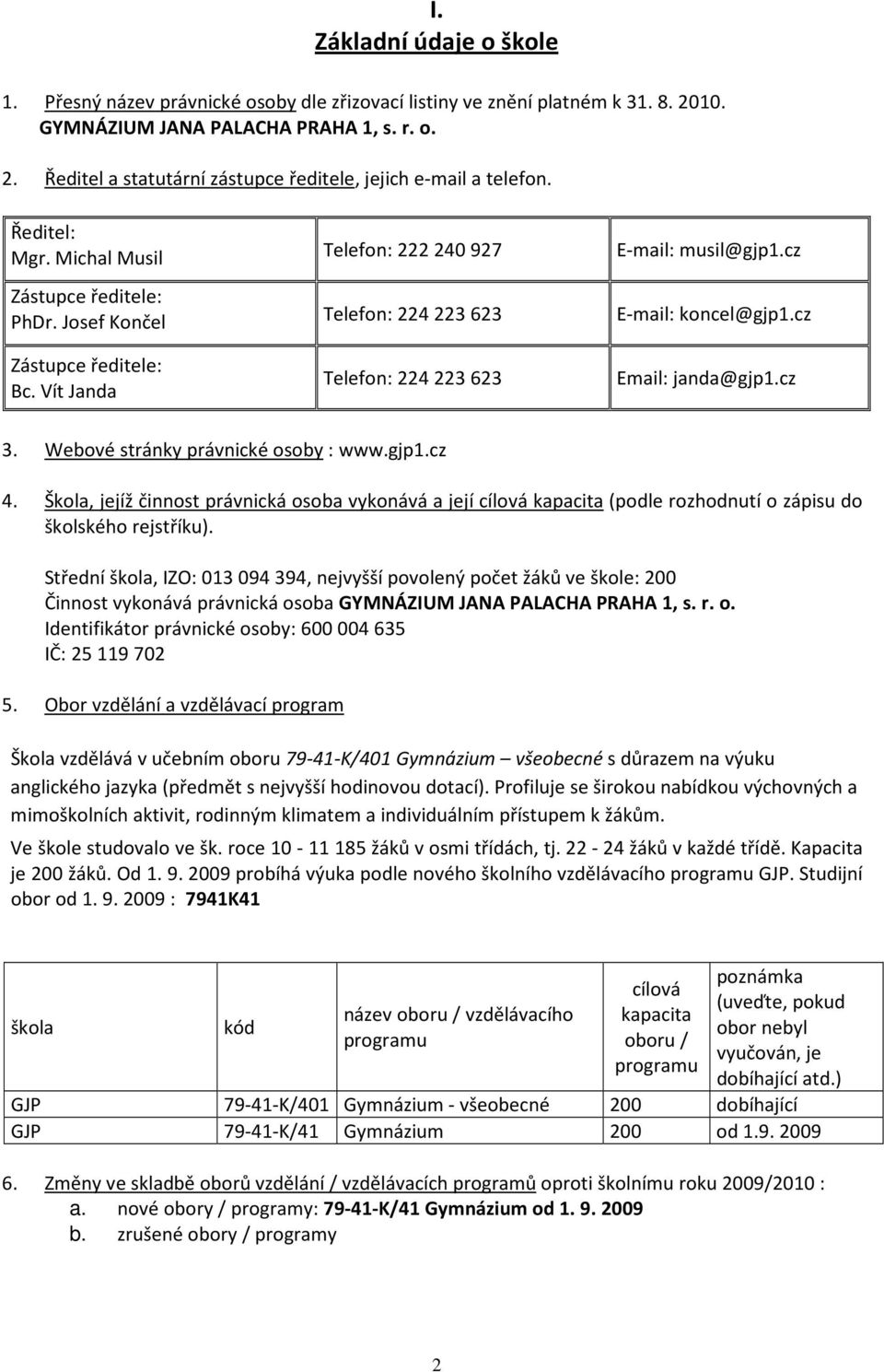 Vít Janda Telefon: 224 223 623 Email: janda@gjp1.cz 3. Webové stránky právnické osoby : www.gjp1.cz 4.