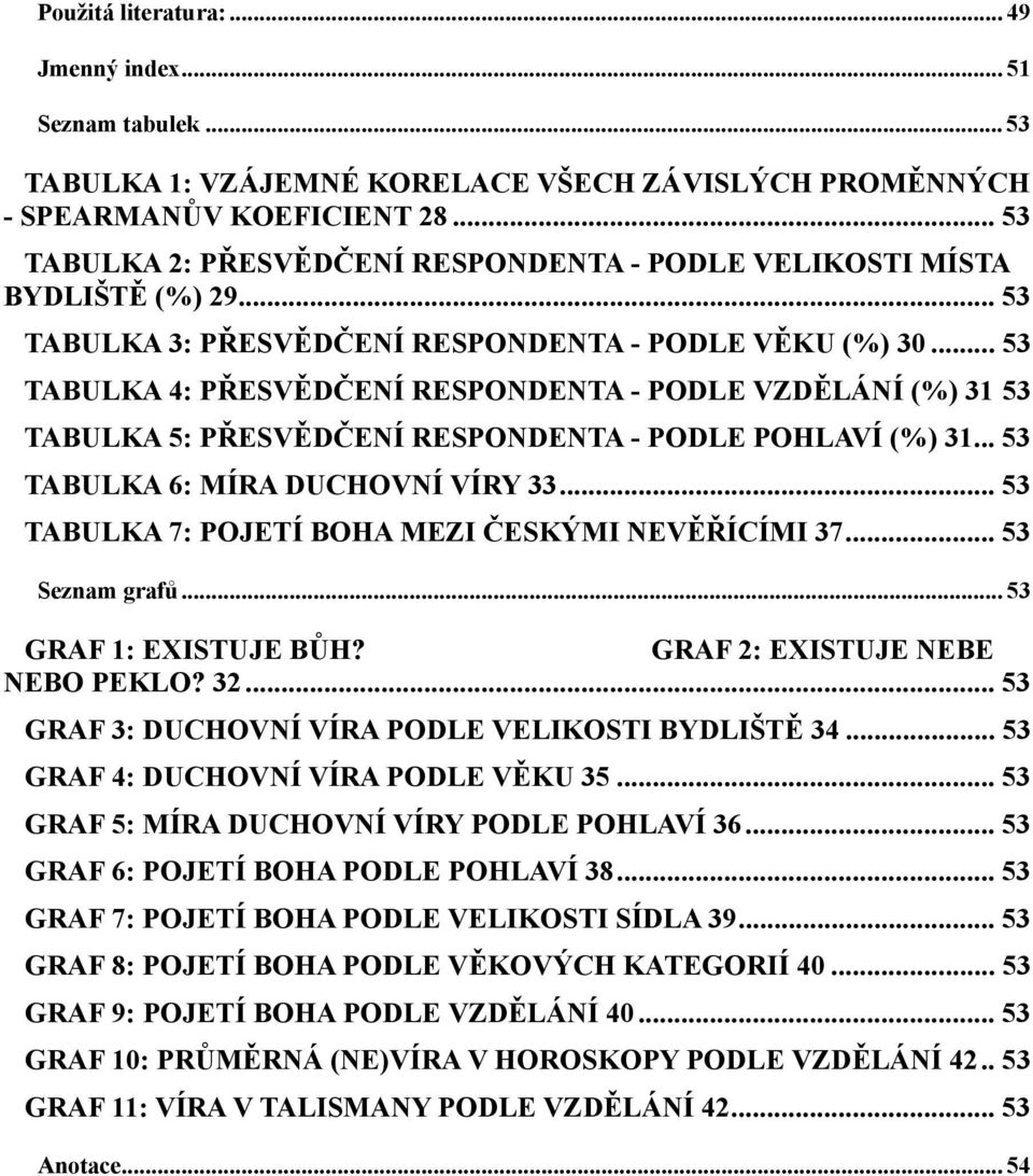 .. 53 TABULKA 4: PŘESVĚDČENÍ RESPONDENTA - PODLE VZDĚLÁNÍ (%) 31 53 TABULKA 5: PŘESVĚDČENÍ RESPONDENTA - PODLE POHLAVÍ (%) 31... 53 TABULKA 6: MÍRA DUCHOVNÍ VÍRY 33.