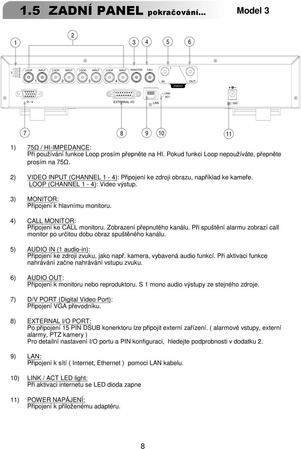 2) VIDEO INPUT (CHANNEL 1-4): P ipojení ke zdroji obrazu, nap íklad ke kame e. LOOP (CHANNEL 1-4): Video výstup. 3) MONITOR: P ipojení k hlavnímu monitoru. 4) CALL MONITOR: P ipojení ke CALL monitoru.