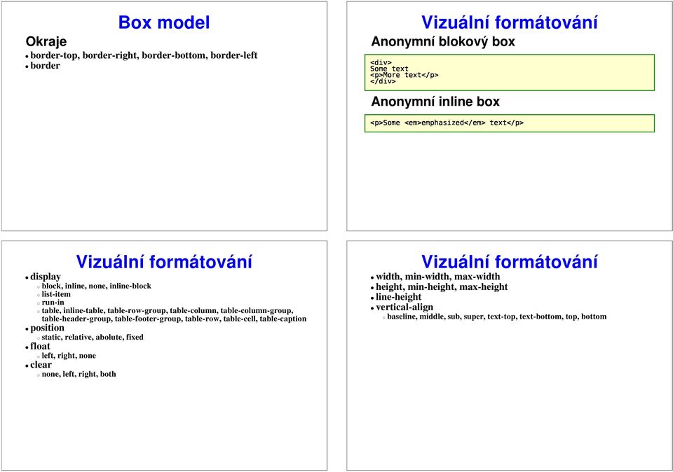 table-column-group, table-header-group, table-footer-group, table-row, table-cell, table-caption position static, relative, abolute, fixed float left, right, none clear none,