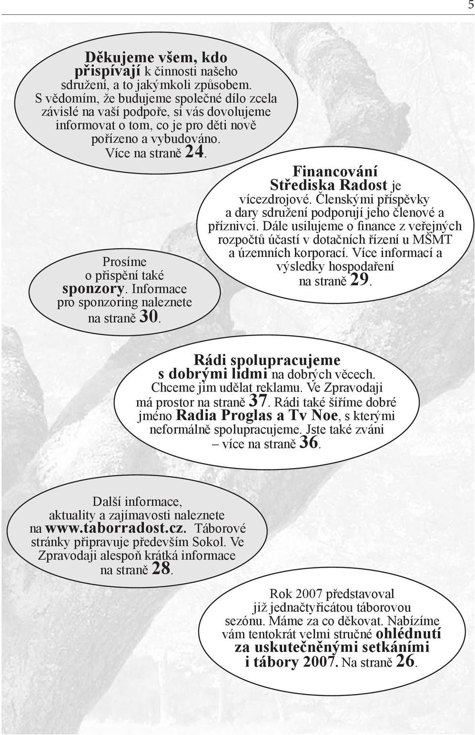 Informace pro sponzoring naleznete na straně 30. Financování Střediska Radost je vícezdrojové. Členskými příspěvky a dary sdružení podporují jeho členové a příznivci.