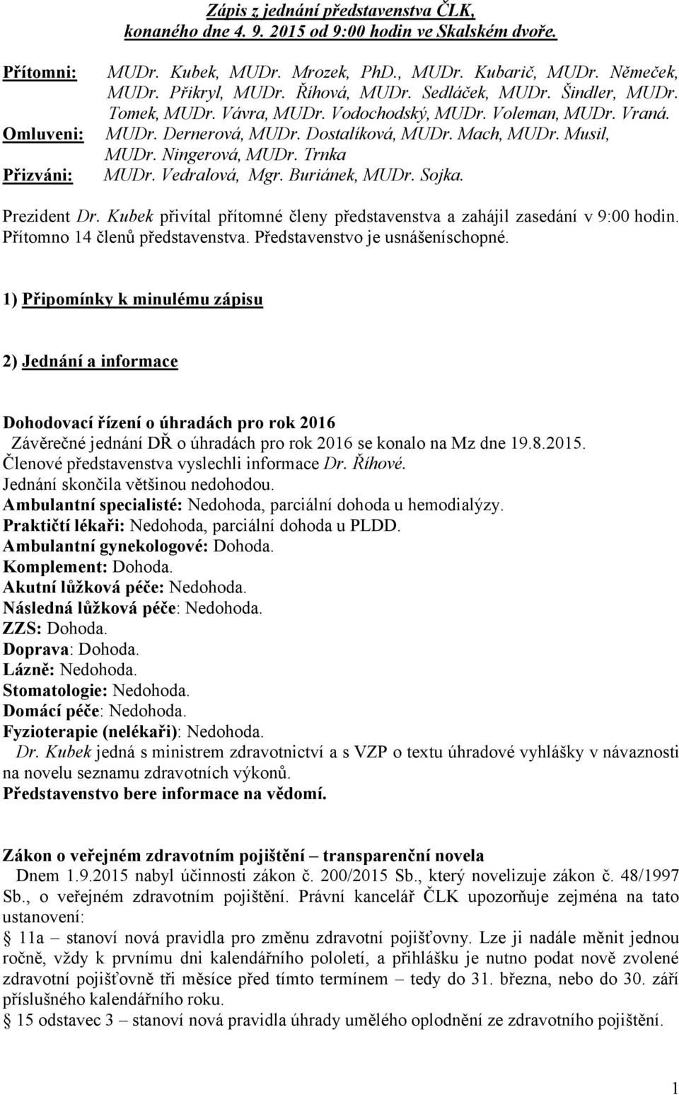 Ningerová, MUDr. Trnka MUDr. Vedralová, Mgr. Buriánek, MUDr. Sojka. Prezident Dr. Kubek přivítal přítomné členy představenstva a zahájil zasedání v 9:00 hodin. Přítomno 14 členů představenstva.