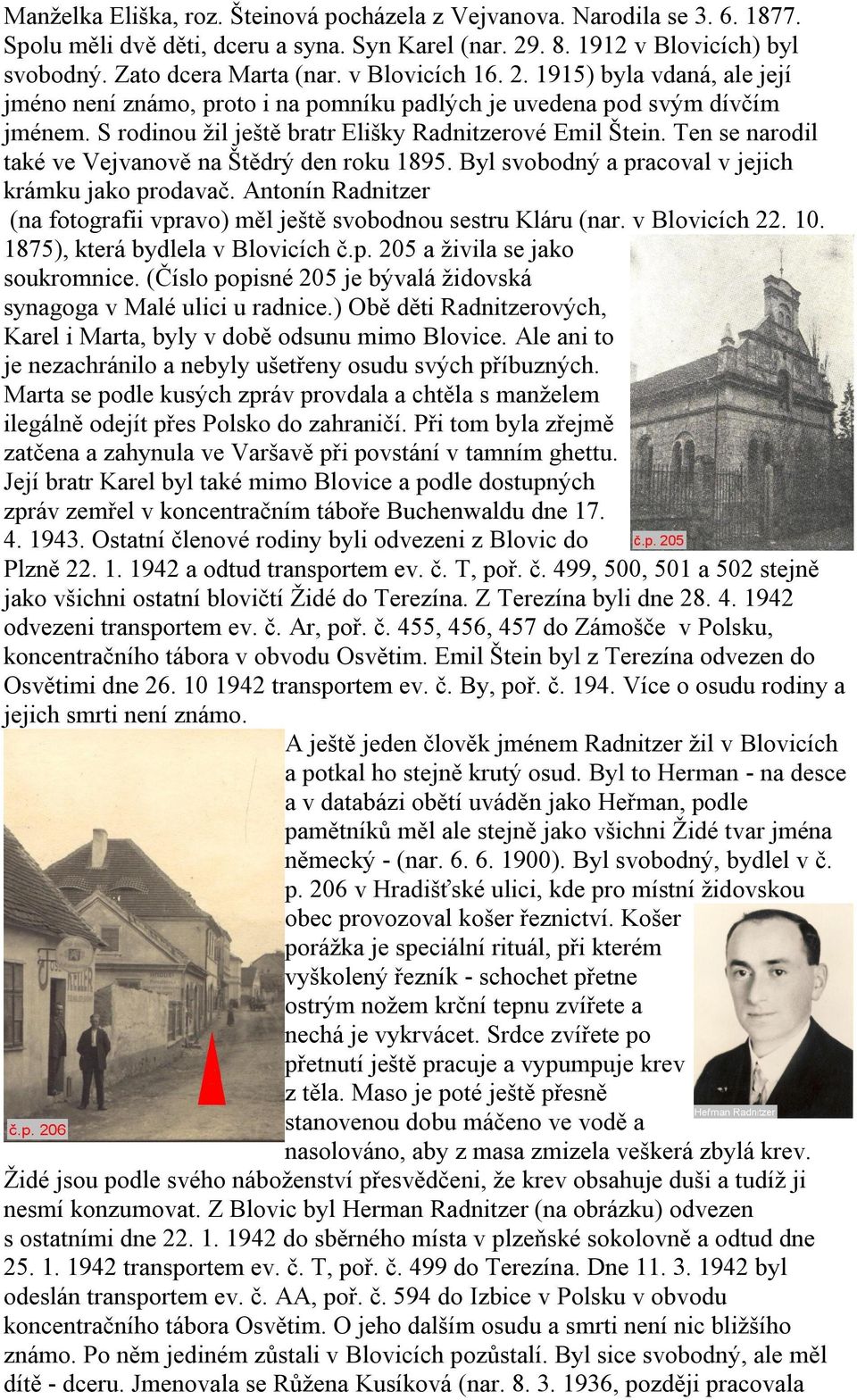 Ten se narodil také ve Vejvanově na Štědrý den roku 1895. Byl svobodný a pracoval v jejich krámku jako prodavač. Antonín Radnitzer (na fotografii vpravo) měl ještě svobodnou sestru Kláru (nar.