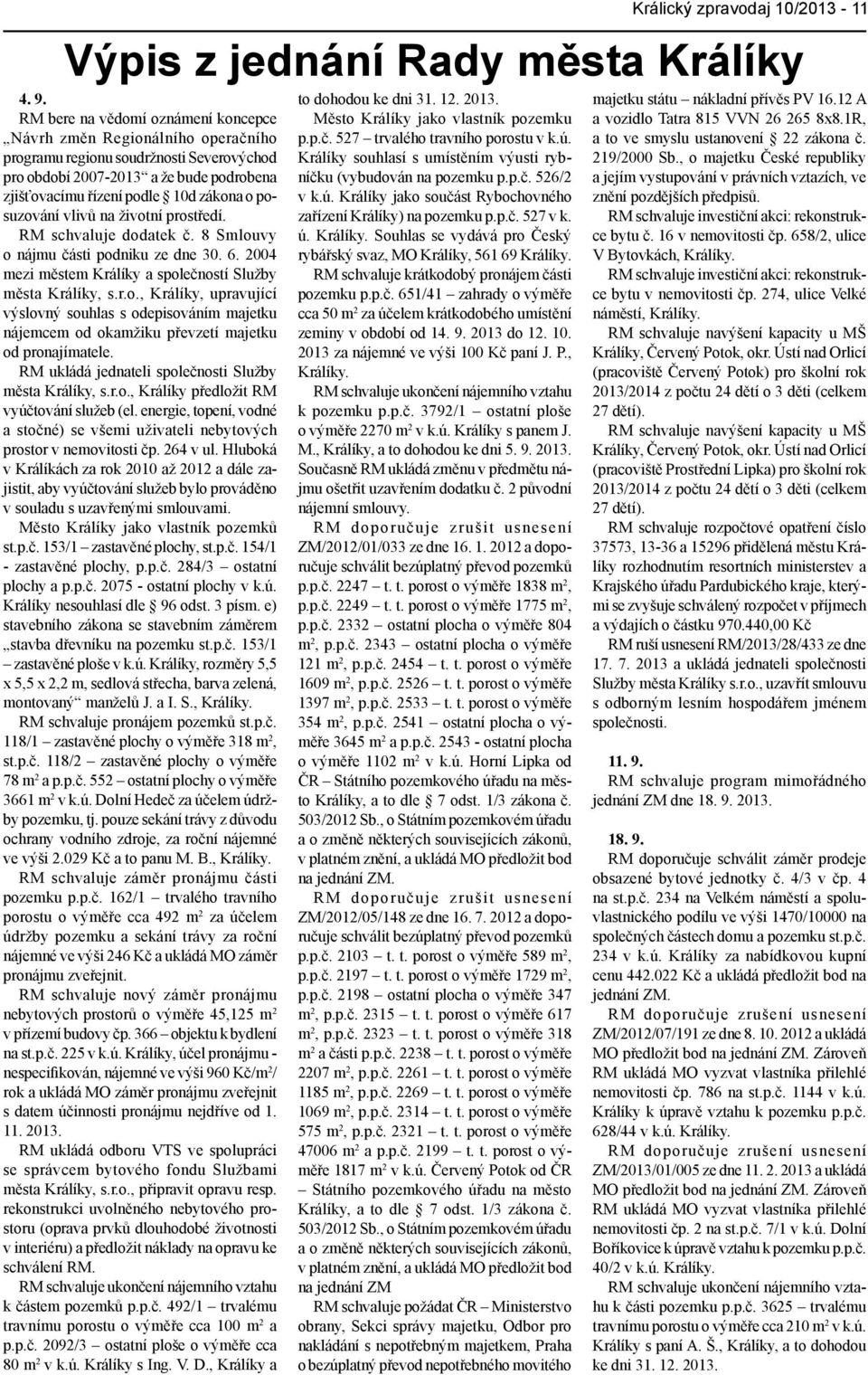 posuzování vlivů na životní prostředí. RM schvaluje dodatek č. 8 Smlouvy o nájmu části podniku ze dne 30. 6. 2004 mezi městem Králíky a společností Služby města Králíky, s.r.o., Králíky, upravující výslovný souhlas s odepisováním majetku nájemcem od okamžiku převzetí majetku od pronajímatele.