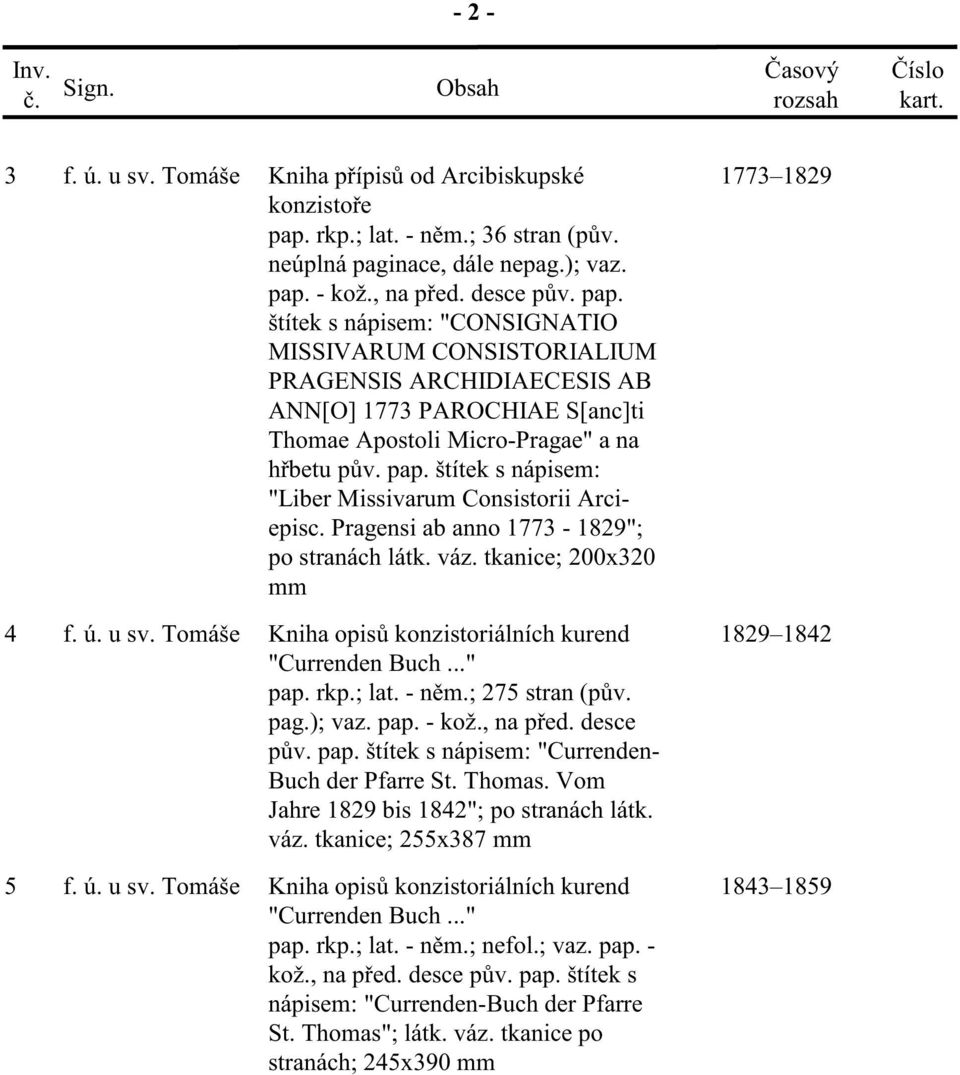 - kož., na p ed. desce p v. pap. štítek s nápisem: "CONSIGNATIO MISSIVARUM CONSISTORIALIUM PRAGENSIS ARCHIDIAECESIS AB ANN[O] 1773 PAROCHIAE S[anc]ti Thomae Apostoli Micro-Pragae" a na h betu p v.