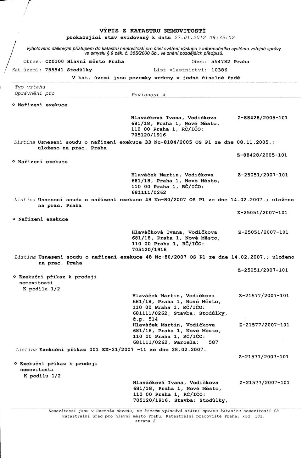 lizemi jsou pozemky vedeny v jedne ciselne fade Hlavackova Ivana, Vodickova Z-88428/2005-101 705120/1916 Listina Usneseni soudu o nafizeni 33 Nc-8184/2005 OS PI ze dne 08.11.2005.; Z-88428/2005-101 Z-25051/2007-101 Listina Usneseni soudu o nafizeni 48 Nc-80/2007 OS PI ze dne 14.