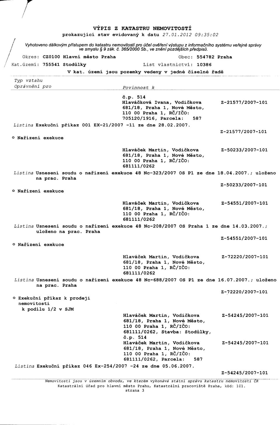 uzemi jsou pozemky vedeny v jedne ciselne fade Hlavackova Ivana, Vodickova 705120/1916, Parcela: 587 Listina Exekucni pfikaz 001 EX-21/2007-