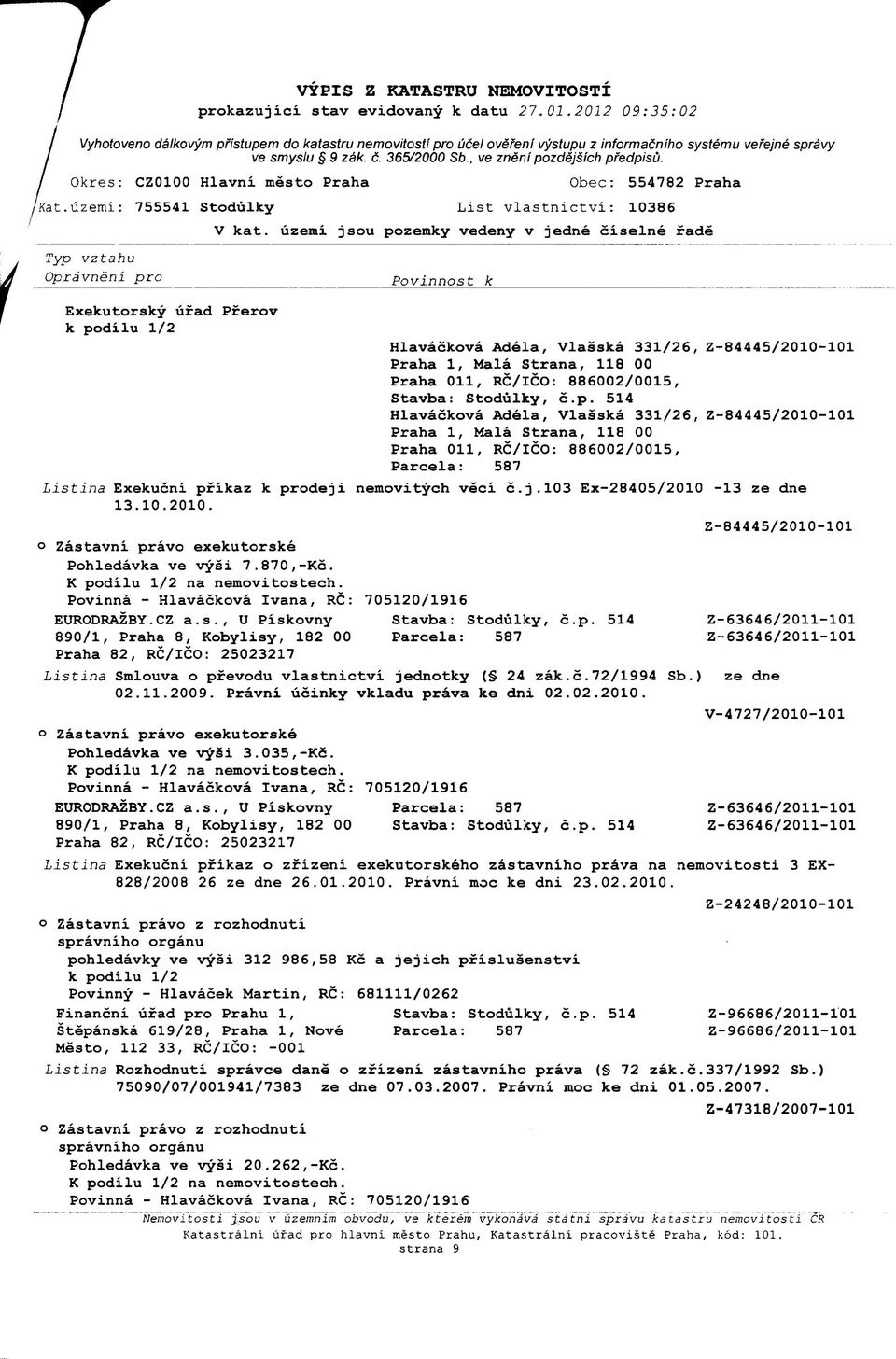 331/26, Z-84445/2010-101 Praha Oil, RC/ICO: 886002/0015, Parcela: 587 Listina Exekucni pfikaz k prodeji nemovitych veci c.j.103 Ex-28405/2010-13 ze dne 13.10.2010. Z-84445/2010-101 o Zastavni pravo exekutorske Pohledavka ve vysi 7.