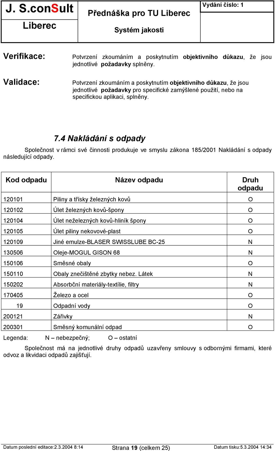 4 Nakládání s odpady Společnost v rámci své činnosti produkuje ve smyslu zákona 185/2001 Nakládání s odpady následující odpady.