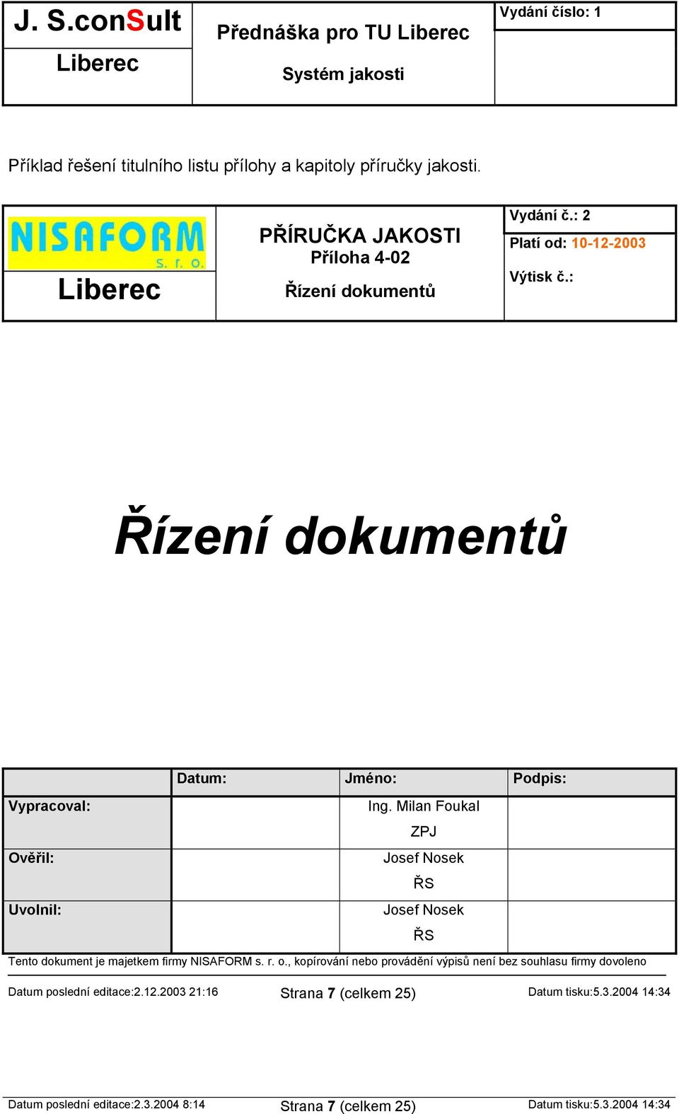 Milan Foukal Josef Nosek ŘS Josef Nosek ŘS Tento dokument je majetkem firmy NISAFORM s. r. o.