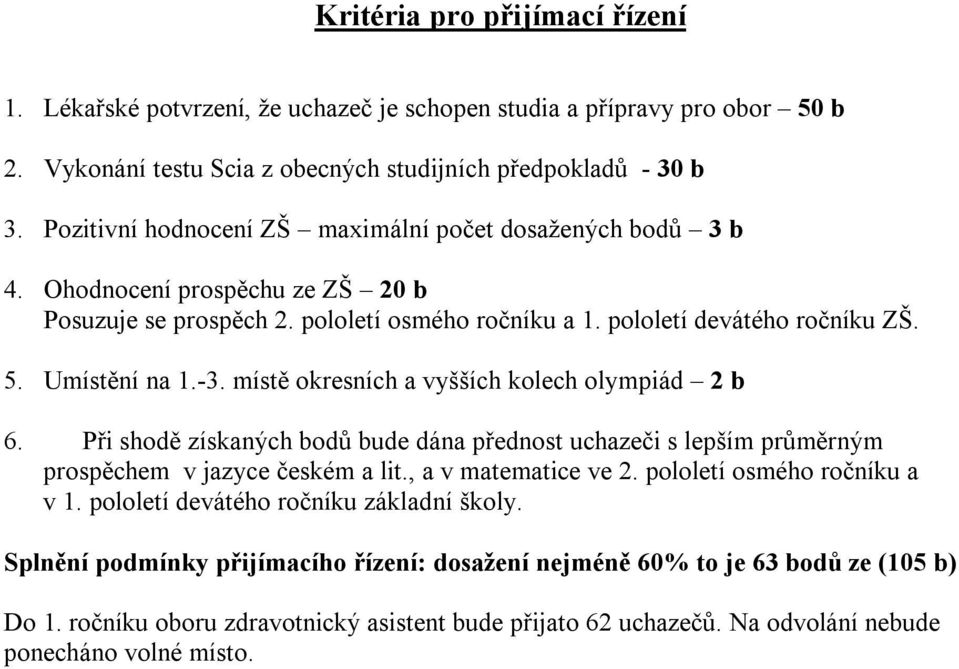 místě okresních a vyšších kolech olympiád 2 b 6. Při shodě získaných bodů bude dána přednost uchazeči s lepším průměrným prospěchem v jazyce českém a lit., a v matematice ve 2.