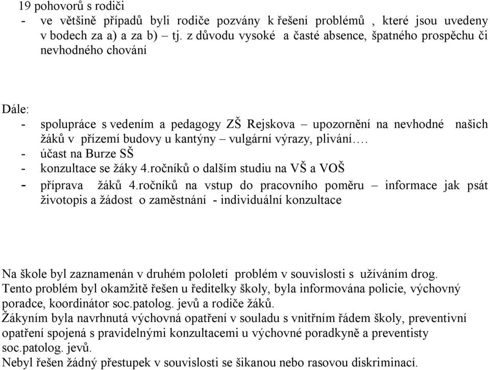 výrazy, plivání. - účast na Burze SŠ - konzultace se žáky 4.ročníků o dalším studiu na VŠ a VOŠ - příprava žáků 4.