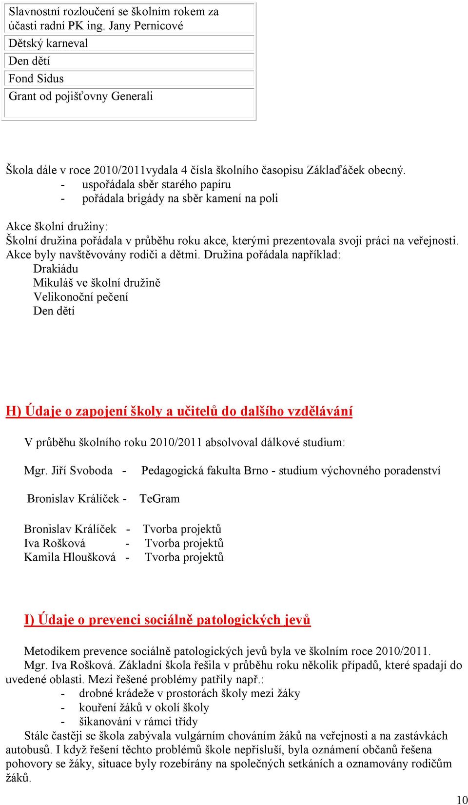 - uspořádala sběr starého papíru - pořádala brigády na sběr kamení na poli Akce školní družiny: Školní družina pořádala v průběhu roku akce, kterými prezentovala svoji práci na veřejnosti.