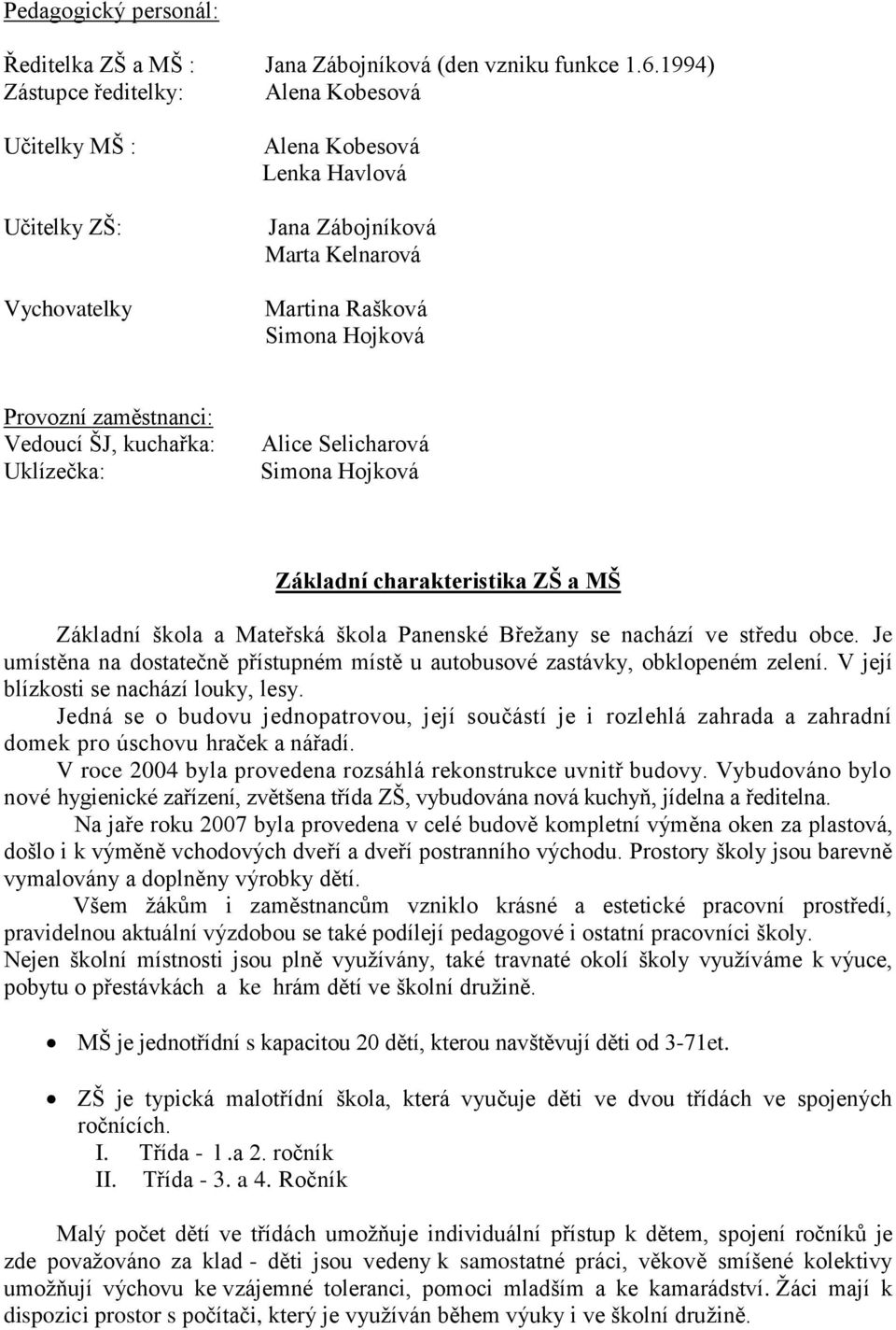 Vedoucí ŠJ, kuchařka: Uklízečka: Alice Selicharová Simona Hojková Základní charakteristika ZŠ a MŠ Základní škola a Mateřská škola Panenské Břežany se nachází ve středu obce.