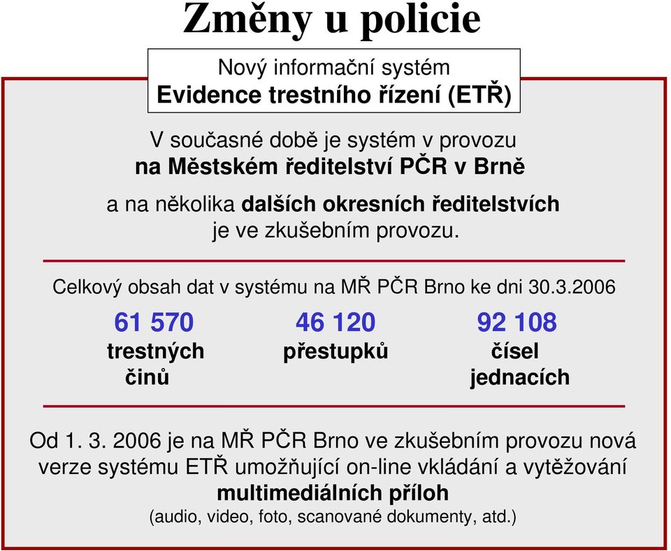 Celkový obsah dat v systému na MŘ PČR Brno ke dni 30