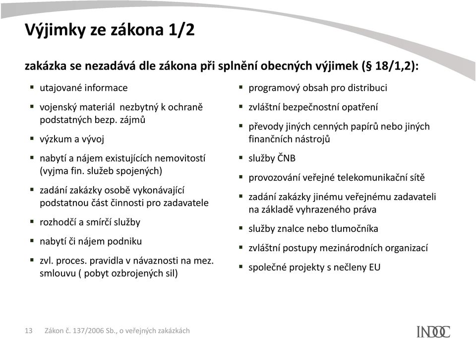 služeb spojených) zadání zakázky osobě vykonávající podstatnou část činnosti pro zadavatele rozhodčí a smírčí služby nabytí či nájem podniku zvl. proces. pravidla v návaznosti na mez.