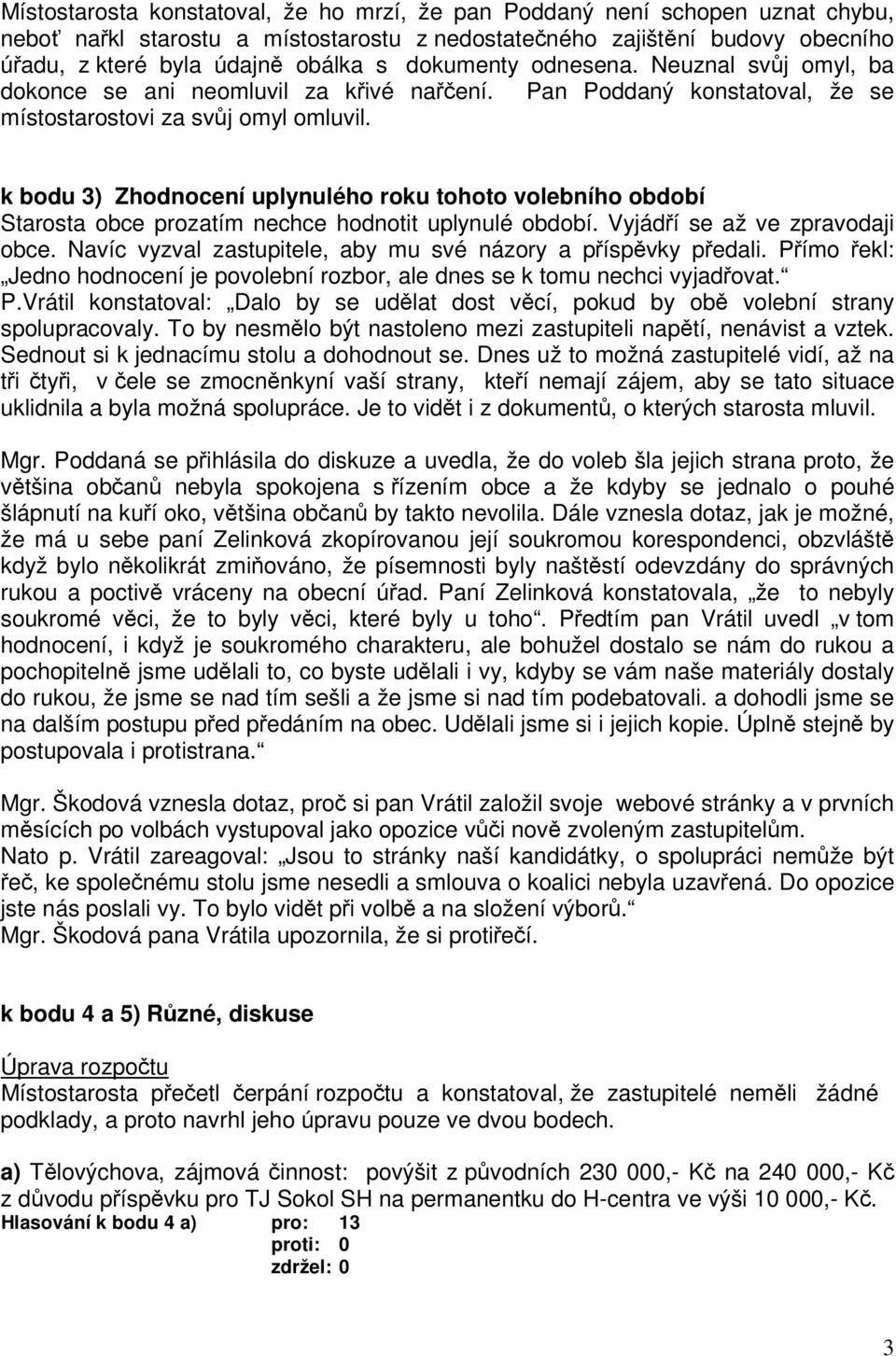 k bodu 3) Zhodnocení uplynulého roku tohoto volebního období Starosta obce prozatím nechce hodnotit uplynulé období. Vyjádí se až ve zpravodaji obce.