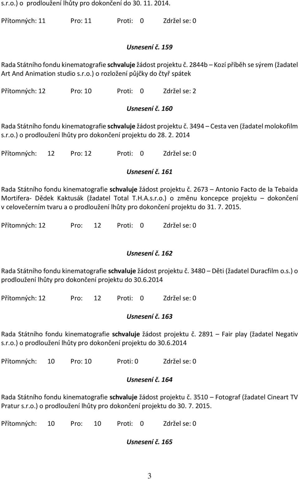 160 Rada Státního fondu kinematografie schvaluje žádost projektu č. 3494 Cesta ven (žadatel molokofilm s.r.o.) o prodloužení lhůty pro dokončení projektu do 28. 2. 2014 Usnesení č.