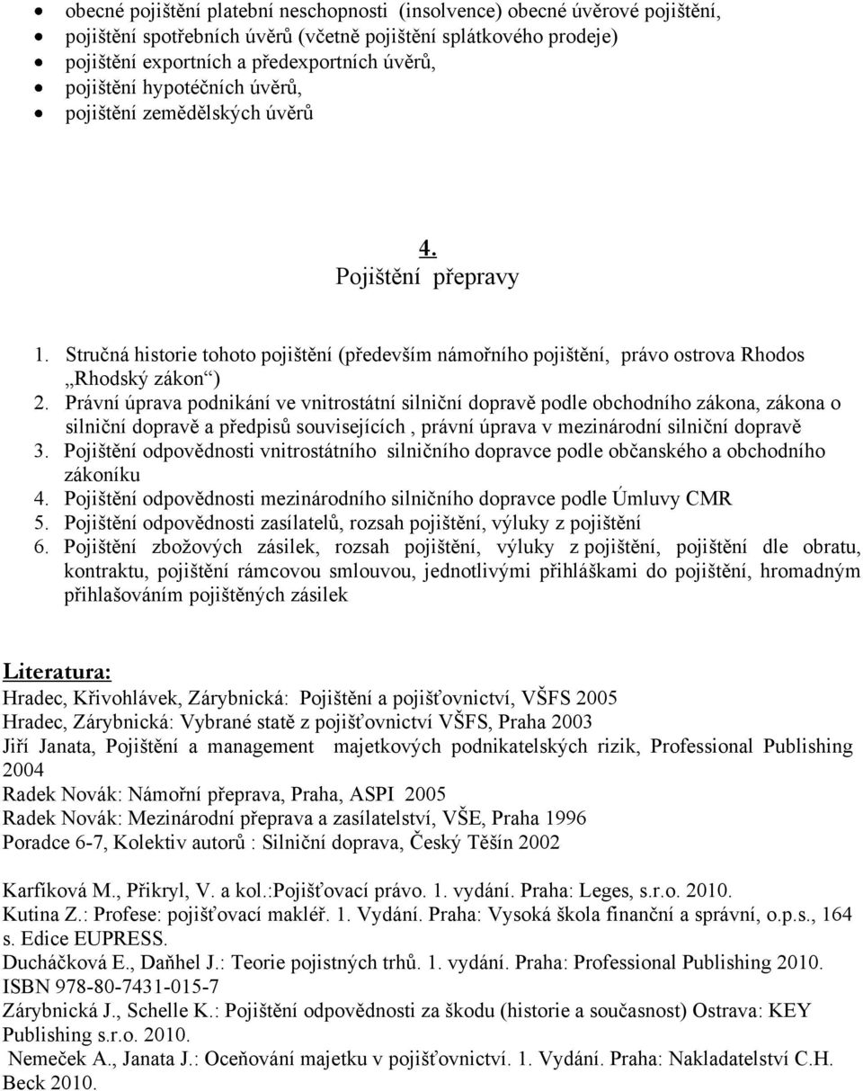 Právní úprava podnikání ve vnitrostátní silniční dopravě podle obchodního zákona, zákona o silniční dopravě a předpisů souvisejících, právní úprava v mezinárodní silniční dopravě 3.