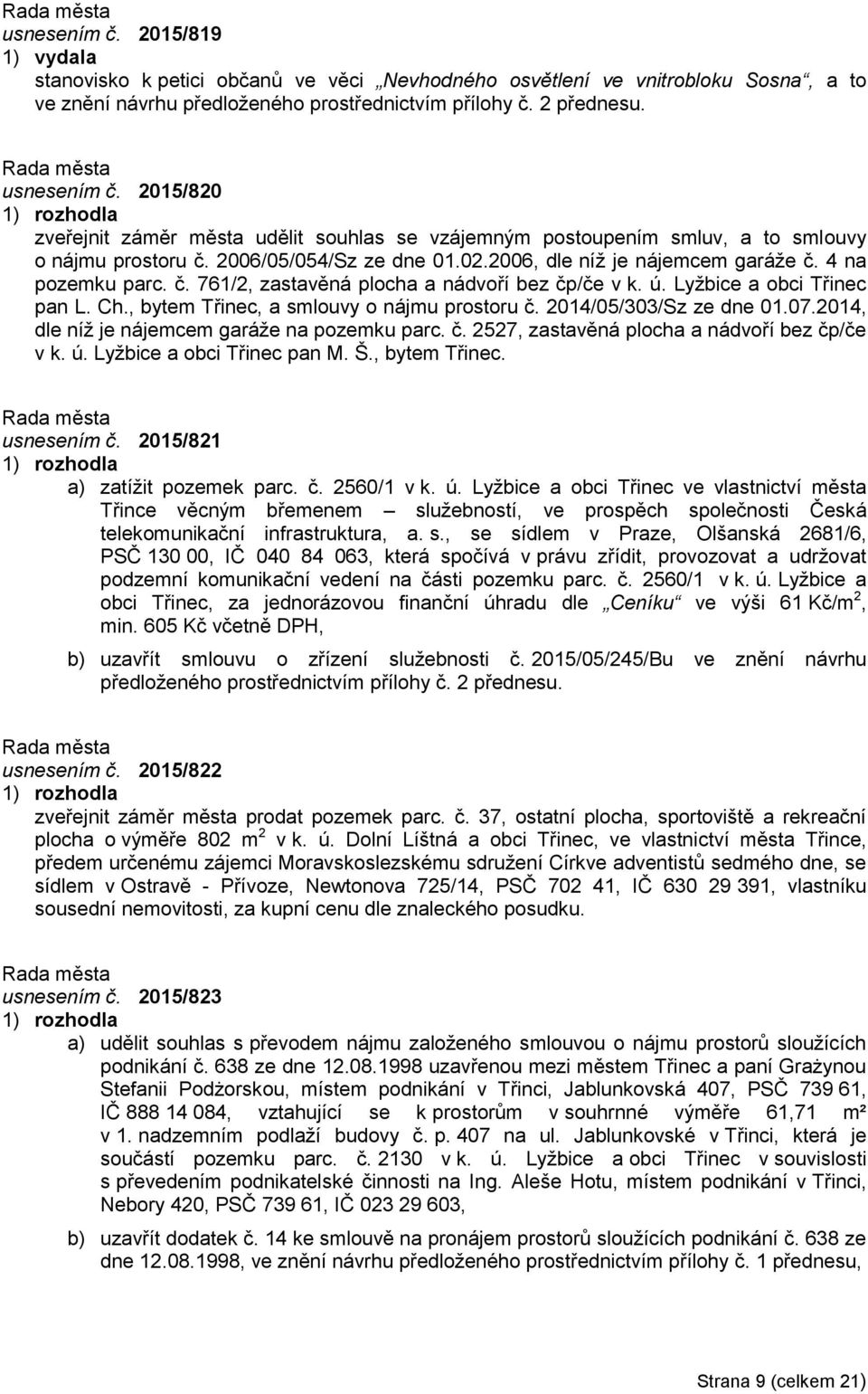 ú. Lyžbice a obci Třinec pan L. Ch., bytem Třinec, a smlouvy o nájmu prostoru č. 2014/05/303/Sz ze dne 01.07.2014, dle níž je nájemcem garáže na pozemku parc. č. 2527, zastavěná plocha a nádvoří bez čp/če v k.