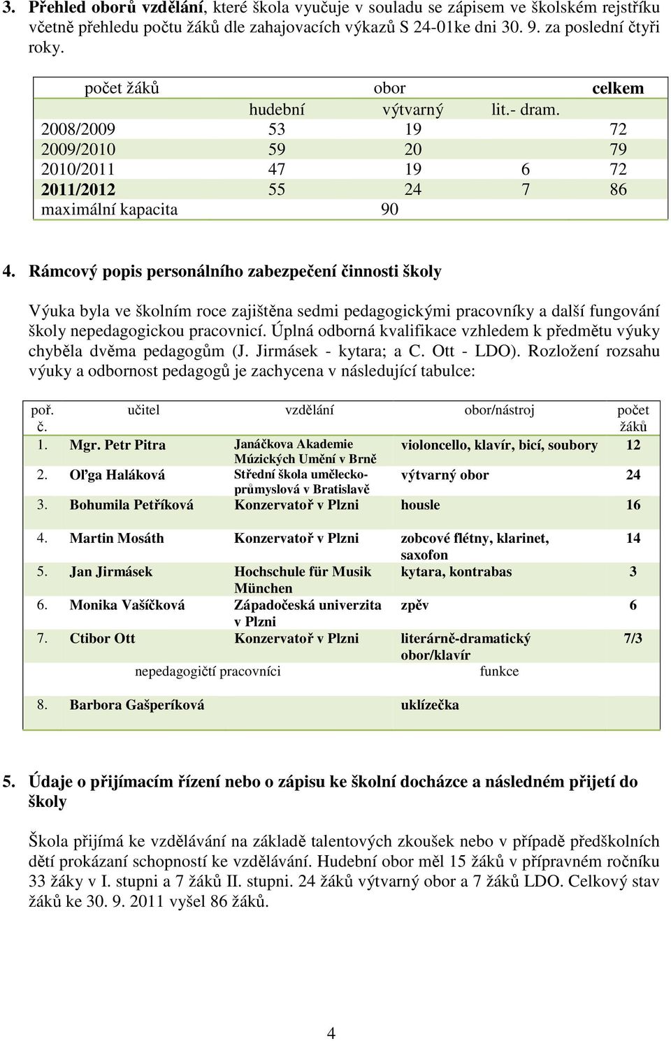 Rámcový popis personálního zabezpečení činnosti školy Výuka byla ve školním roce zajištěna sedmi pedagogickými pracovníky a další fungování školy nepedagogickou pracovnicí.