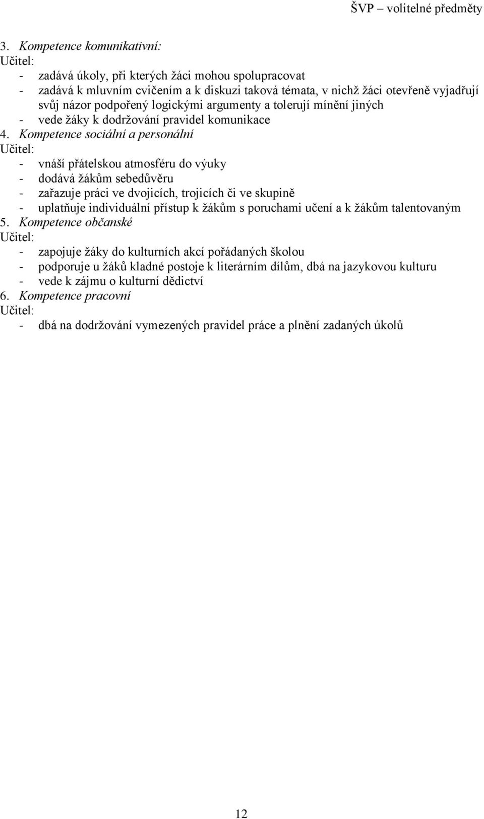 Kompetence sociální a personální - vnáší přátelskou atmosféru do výuky - dodává žákům sebedůvěru - zařazuje práci ve dvojicích, trojicích či ve skupině - uplatňuje individuální přístup k žákům s