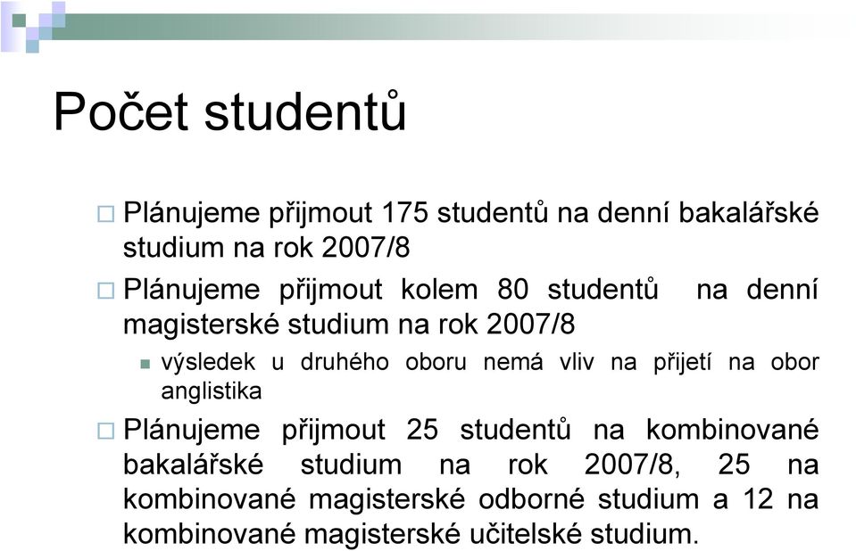 vliv na přijetí na obor anglistika Plánujeme přijmout 25 studentů na kombinované bakalářské studium na