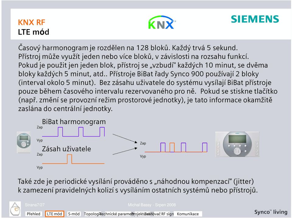 Bez zásahu uživatele do systému vysílají BiBat přístroje pouze během časového intervalu rezervovaného pro ně. Pokud se stiskne tlačítko (např.