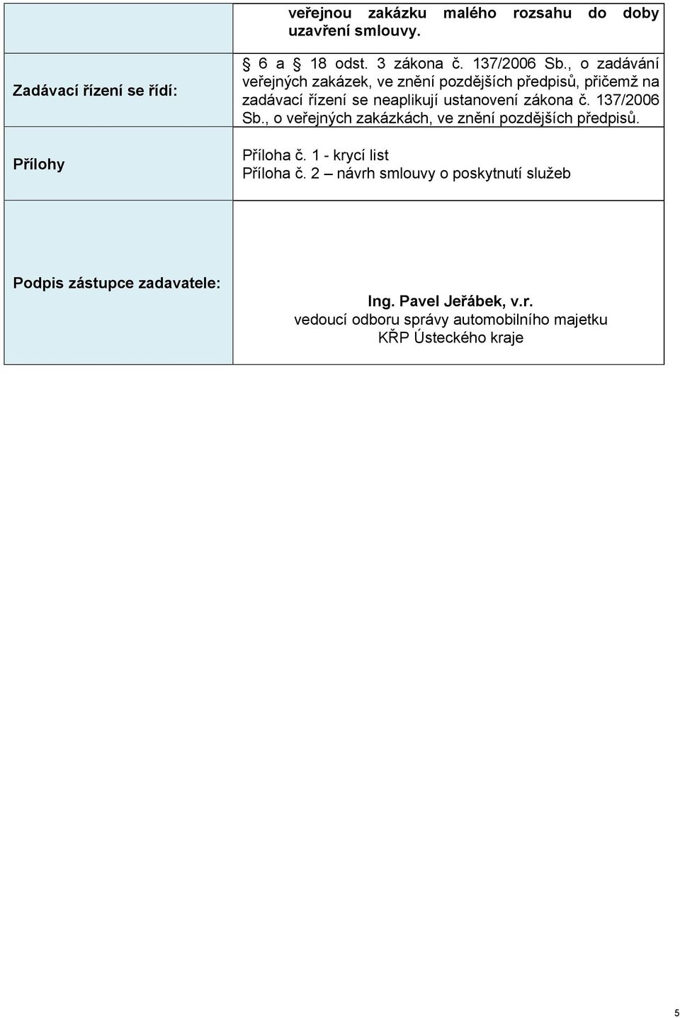 137/2006 Sb., o veřejných zakázkách, ve znění pozdějších předpisů. Příloha č. 1 - krycí list Příloha č.