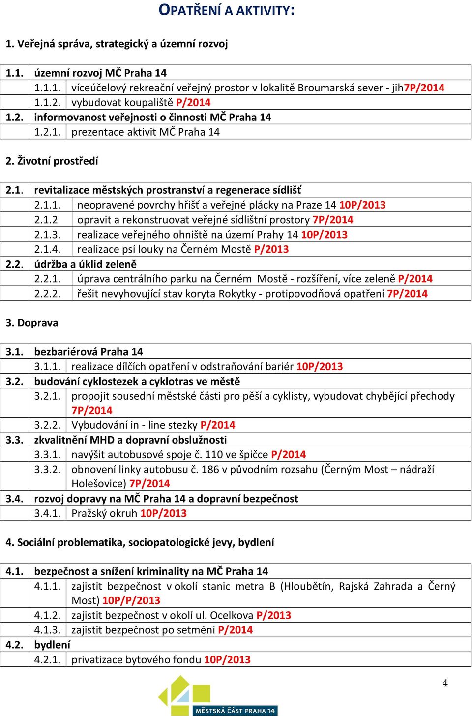 1.1. neopravené povrchy hřišť a veřejné plácky na Praze 1410P/2013 2.1.2 opravit a rekonstruovat veřejné sídlištní prostory 7P/2014 2.1.3. realizace veřejného ohniště na území Prahy 1410P/2013 2.1.4. realizace psí louky na Černém Mostě P/2013 2.