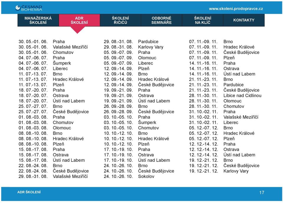 08.-03. 08. Olomouc 08. 08.-10. 08. Brno 08. 08.-10. 08. Hradec Králové 08. 08.-10. 08. Plzeň 15. 08.-17. 08. Praha 15. 08.-17. 08. Ostrava 15. 08.-17. 08. Ústí nad Labem 22. 08.-24. 08. Brno 22. 08.-24. 08. České Budějovice 29.