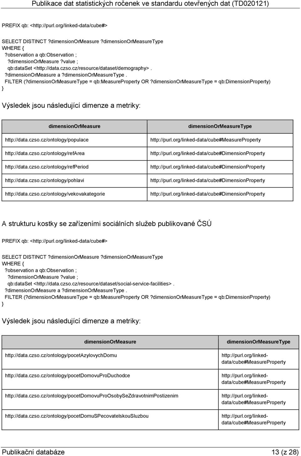 dimensionOrMeasureType = qb:dimensionproperty) Výsledek jsou následující dimenze a metriky: dimensionormeasure http://data.czso.cz/ontology/populace http://data.czso.cz/ontology/refarea http://data.