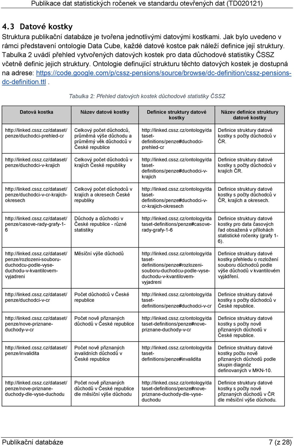 Tabulka 2 uvádí přehled vytvořených datových kostek pro data důchodové statistiky ČSSZ včetně definic jejich struktury.