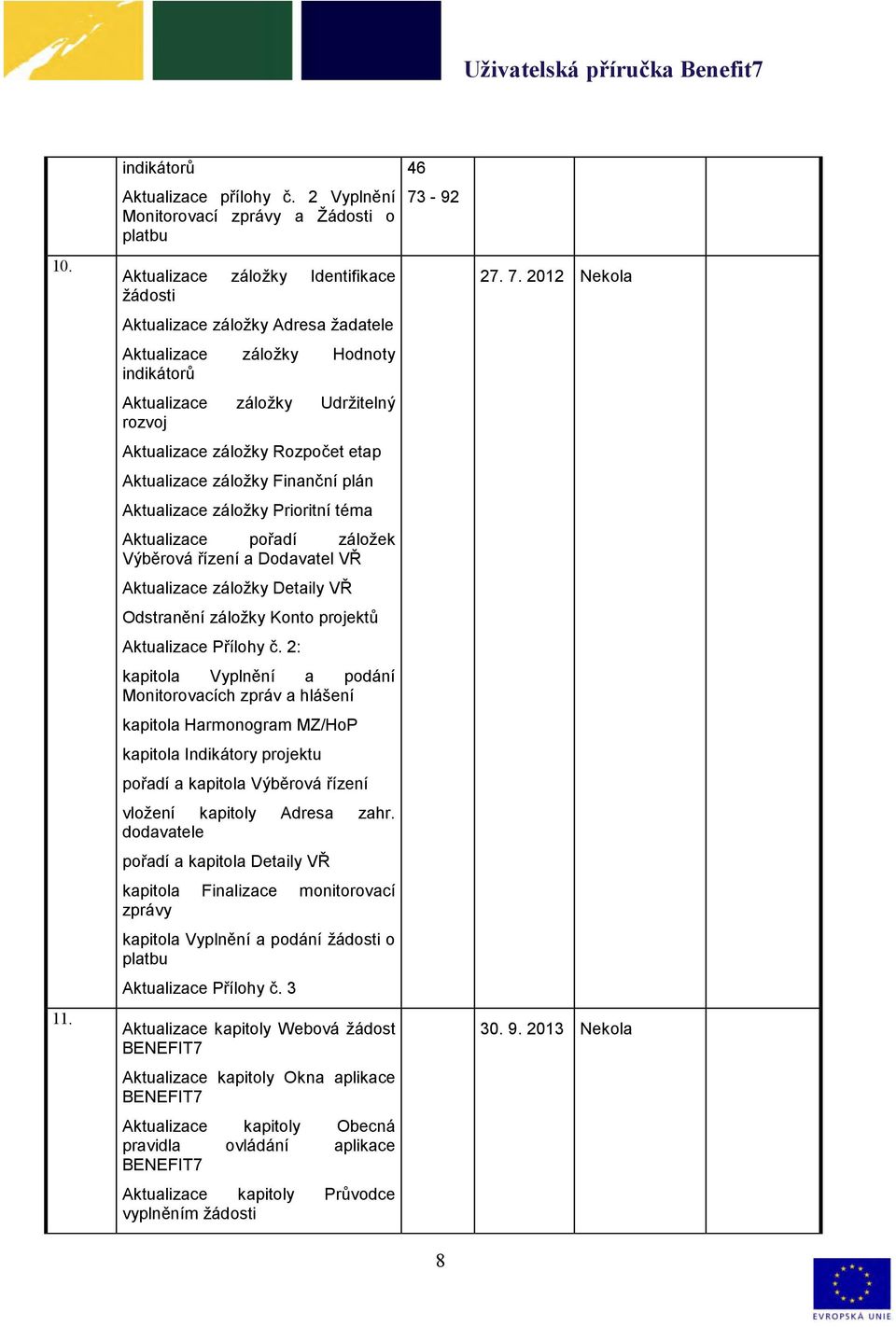 rozvoj Aktualizace záložky Rozpočet etap Aktualizace záložky Finanční plán Aktualizace záložky Prioritní téma Aktualizace pořadí záložek Výběrová řízení a Dodavatel VŘ Aktualizace záložky Detaily VŘ