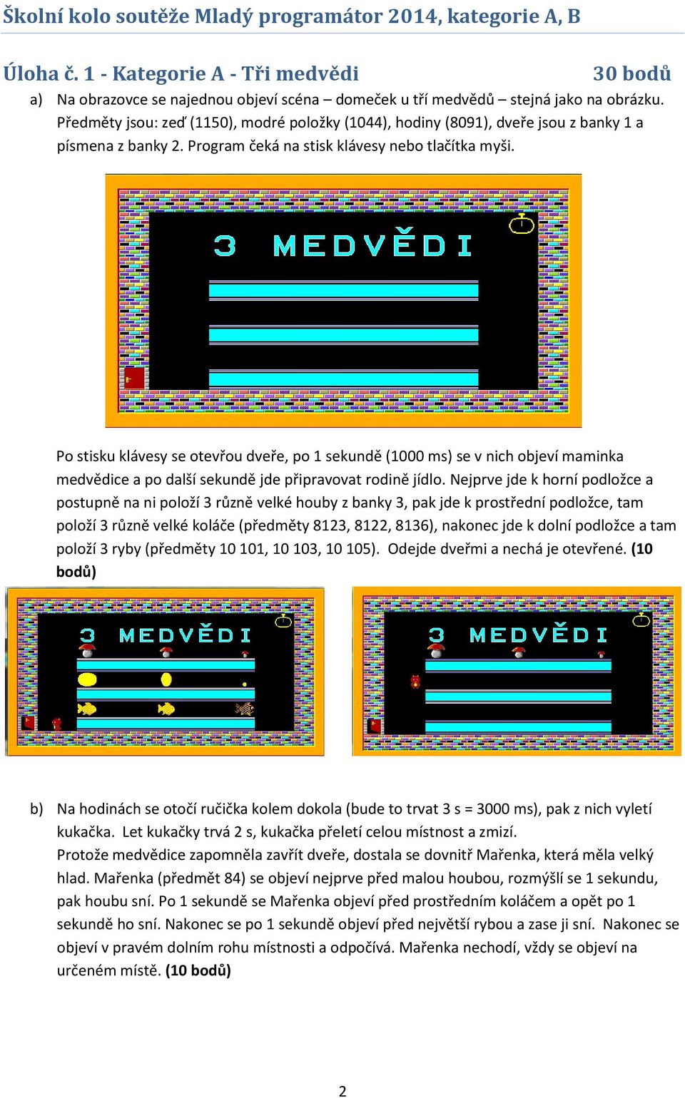 Po stisku klávesy se otevřou dveře, po 1 sekundě (1000 ms) se v nich objeví maminka medvědice a po další sekundě jde připravovat rodině jídlo.