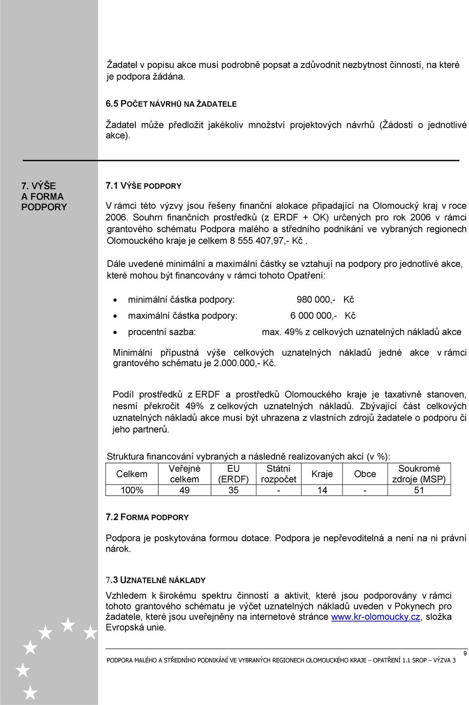 1 VÝŠE PODPORY V rámci této výzvy jsou řešeny finanční alokace připadající na Olomoucký kraj v roce 2006.