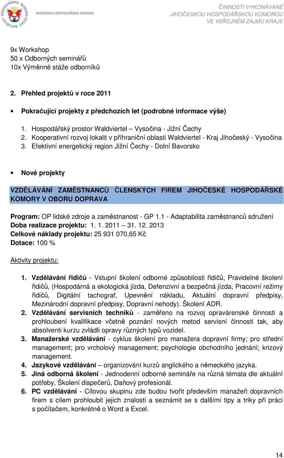 Efektivní energetický region Jižní Čechy - Dolní Bavorsko Nové projekty VZDĚLÁVÁNÍ ZAMĚSTNANCŮ ČLENSKÝCH FIREM JIHOČESKÉ HOSPODÁŘSKÉ KOMORY V OBORU DOPRAVA Program: OP lidské zdroje a zaměstnanost -