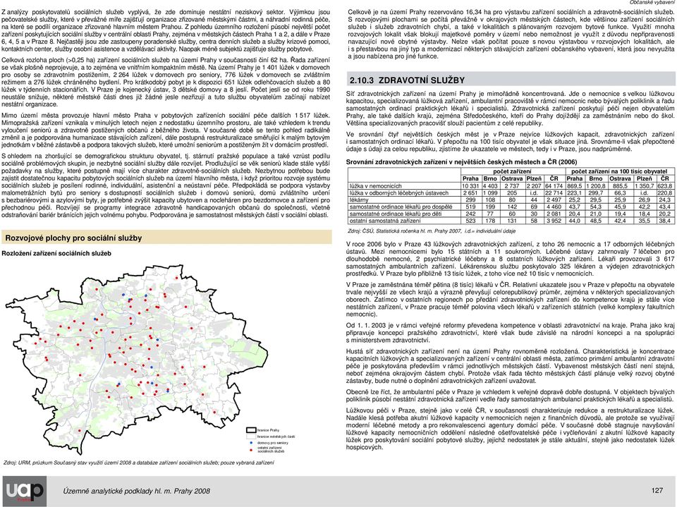 Z pohledu územního rozložení působí největší počet zařízení poskytujících sociální služby v centrální oblasti Prahy, zejména v městských částech Praha 1 a 2, a dále v Praze 6, 4, 5 a v Praze 8.