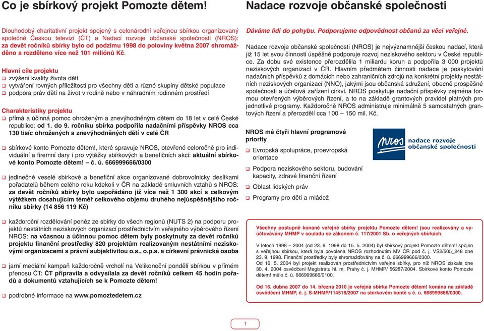 devût roãníkû sbírky bylo od podzimu 1998 do poloviny kvûtna 2007 shromáïdûno a rozdûleno více neï 101 miliónû Kã.