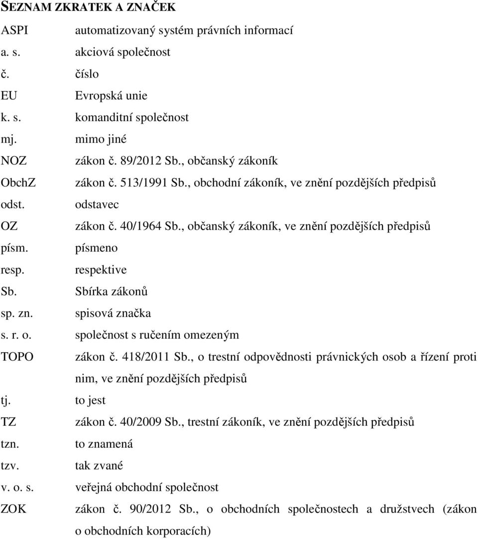 písmeno resp. respektive Sb. Sbírka zákonů sp. zn. spisová značka s. r. o. společnost s ručením omezeným TOPO zákon č. 418/2011 Sb.