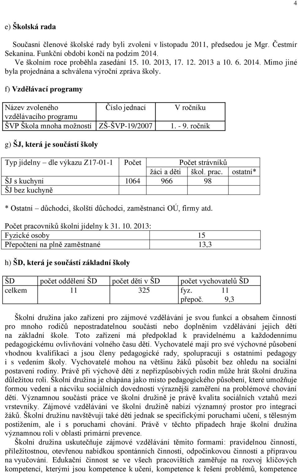 f) Vzdělávací programy Název zvoleného Číslo jednací vzdělávacího programu ŠVP Škola mnoha možností ZŠ-ŠVP-19/2007 V ročníku 1. - 9.