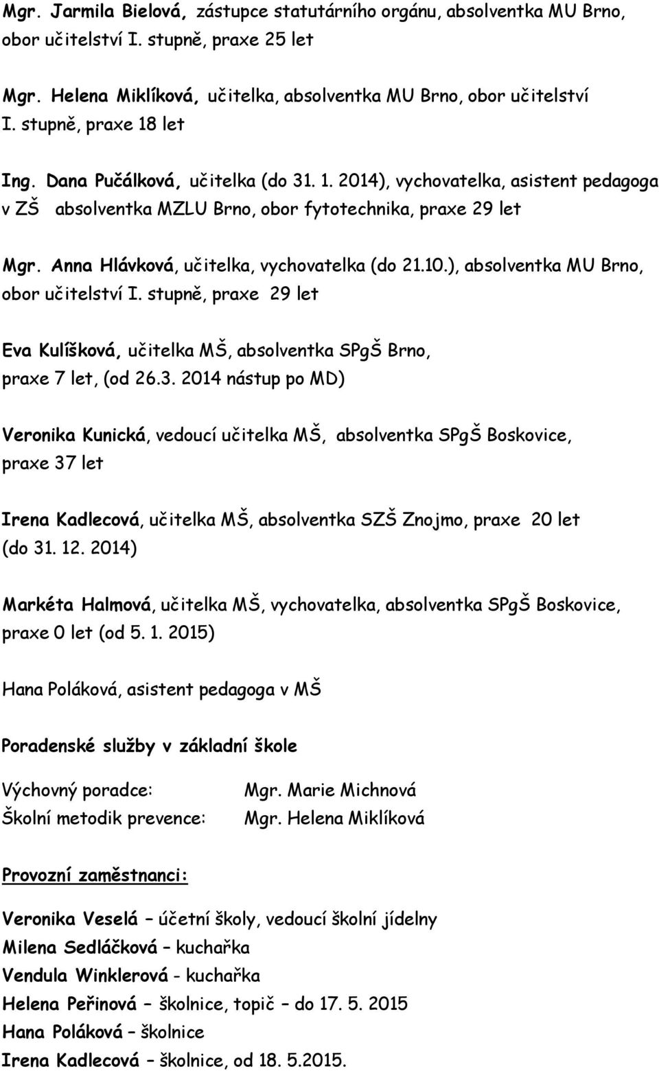 Anna Hlávková, učitelka, vychovatelka (do 21.10.), absolventka MU Brno, obor učitelství I. stupně, praxe 29 let Eva Kulíšková, učitelka MŠ, absolventka SPgŠ Brno, praxe 7 let, (od 26.3.