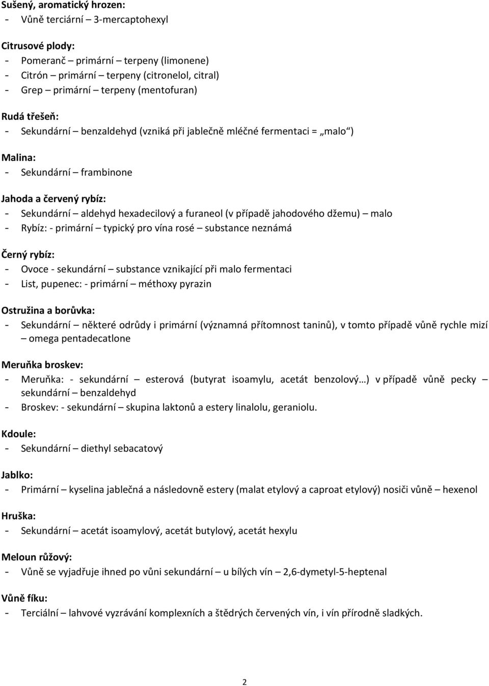 jahodového džemu) malo - Rybíz: - primární typický pro vína rosé substance neznámá Černý rybíz: - Ovoce - sekundární substance vznikající při malo fermentaci - List, pupenec: - primární méthoxy