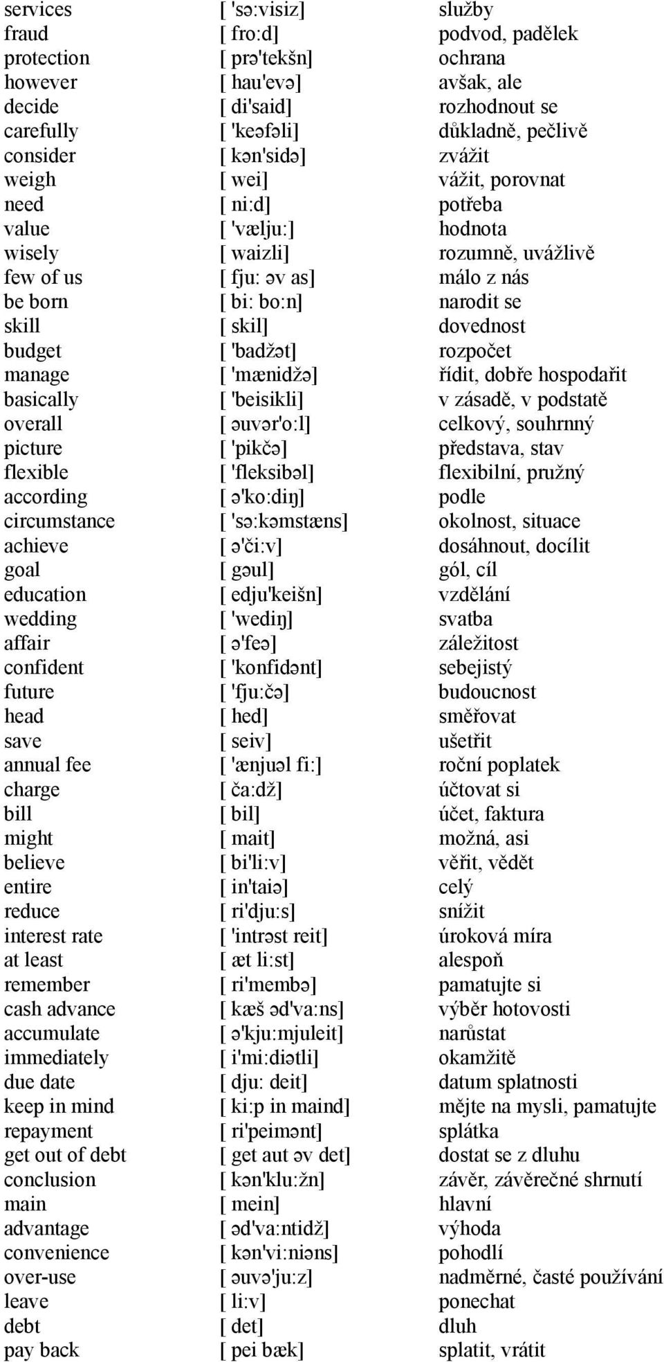 repayment get out of debt conclusion main advantage convenience over-use leave debt pay back [ 'sə:visiz] [ fro:d] [ prə'tekšn] [ hau'evə] [ di'said] [ 'keəfəli] [ kən'sidə] [ wei] [ ni:d] [ 'vælju:]