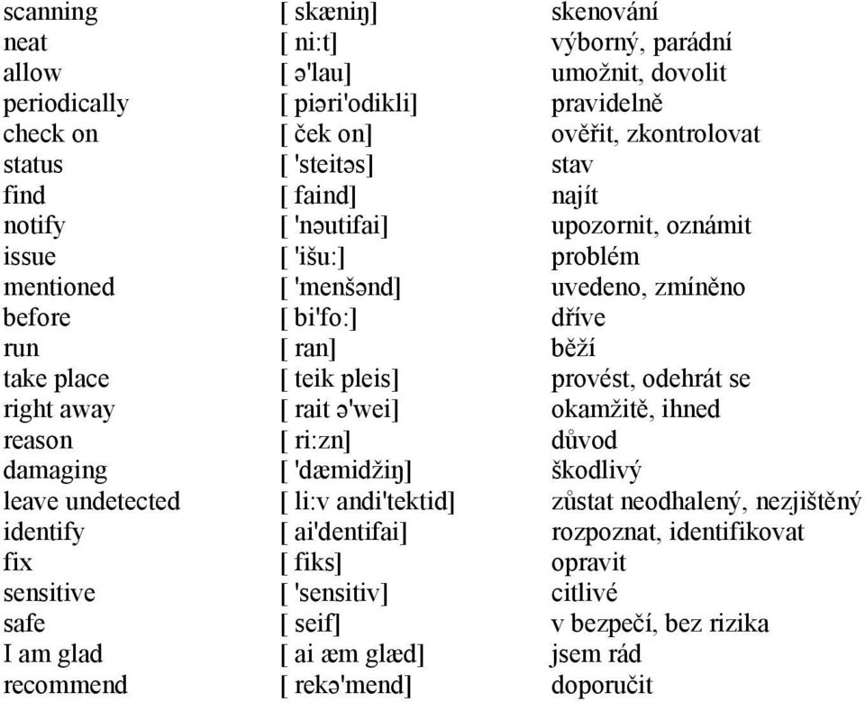 andi'tektid] [ ai'dentifai] [ fiks] [ 'sensitiv] [ seif] [ ai æm glæd] [ rekə'mend] skenování výborný, parádní umožnit, dovolit pravidelně ověřit, zkontrolovat stav najít upozornit, oznámit