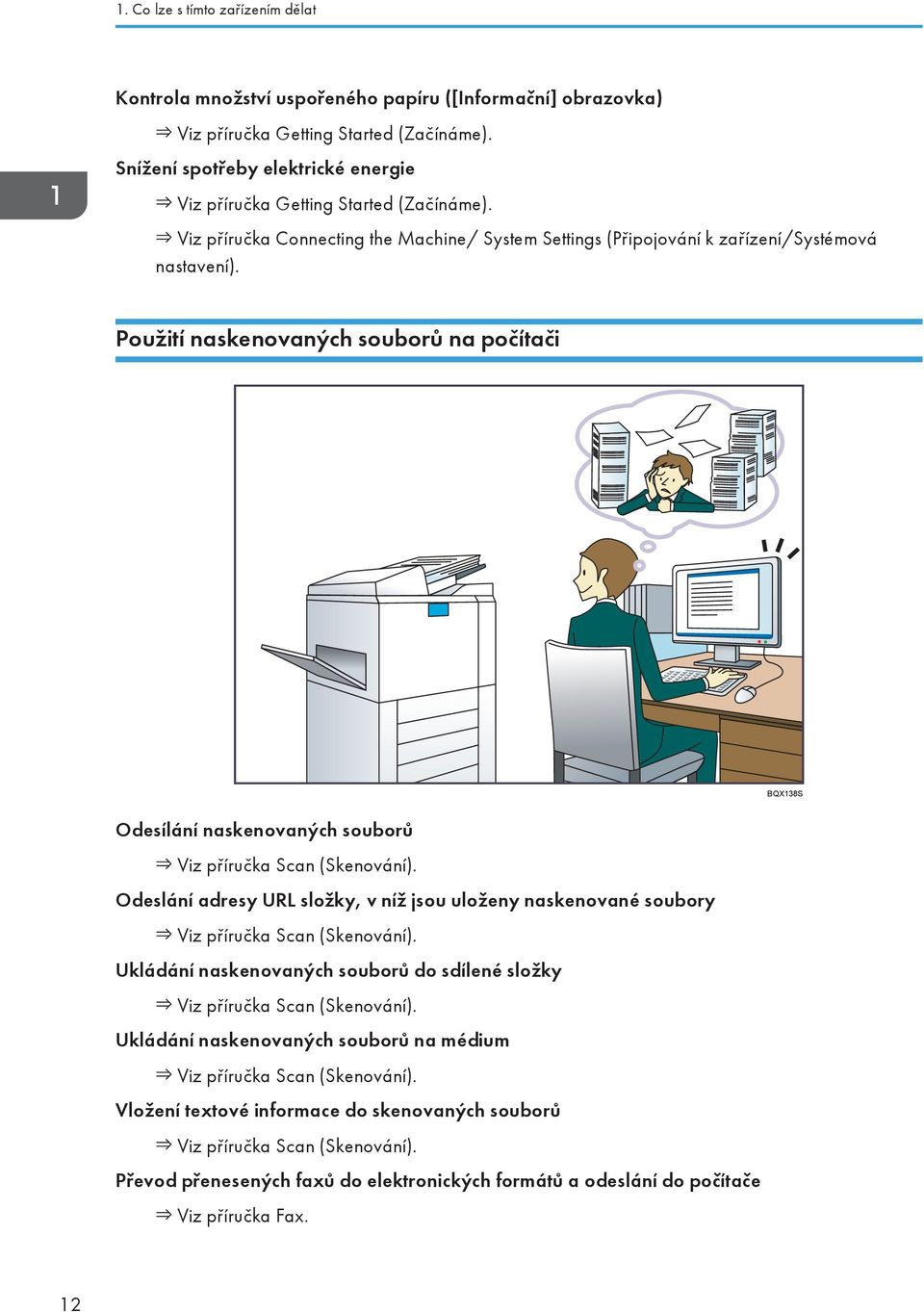 Použití naskenovaných souborů na počítači BQX138S Odesílání naskenovaných souborů Viz příručka Scan (Skenování).