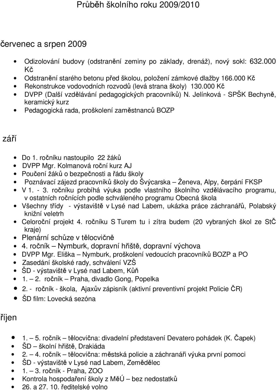 Jelínková - SPŠK Bechyně, keramický kurz Pedagogická rada, proškolení zaměstnanců BOZP září říjen Do 1. ročníku nastoupilo 22 žáků DVPP Mgr.